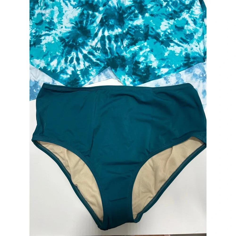 Kim Gravel x Swimsuits For All Tie Dye Halter Tankini Set Teal White Size 10